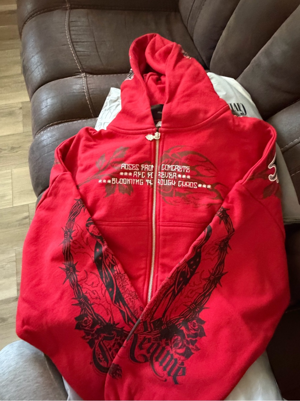 Red Graphic Zip-Up Hooded Sweater